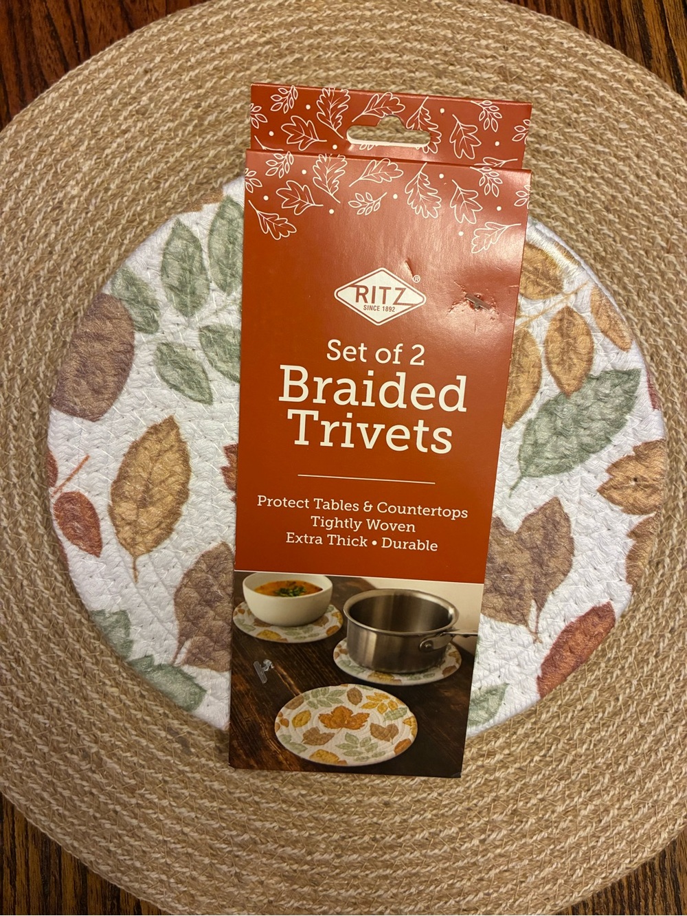 Trivets Set of 2 - Braided, Autumn Leaf Pattern (White, Green, Brown)
